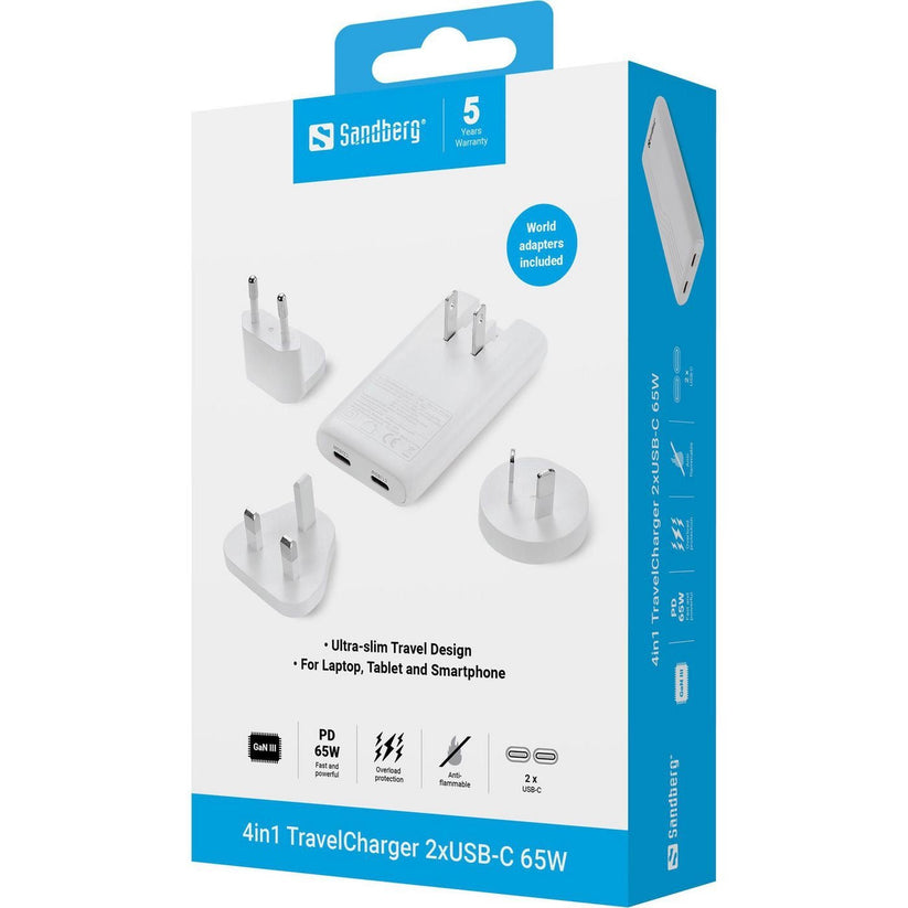 Sandberg Dual Port Ladegerät 65W - mit Reiseadapter - Weiß