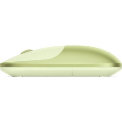 Eine Seitenansicht der Satechi Slim EX Wireless Mouse (Citrus) zeigt ihr hellgrünes, kabelloses Design mit einer schlichten, minimalistischen Optik und einem für Satechi-Produkte charakteristischen Scrollrad, das sich nahe am hinteren Ende befindet.