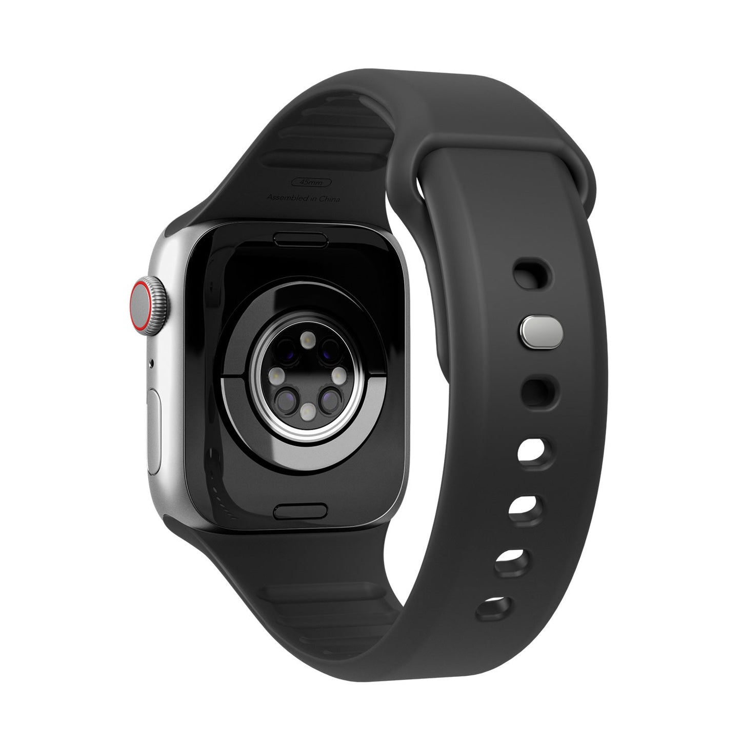A close-up of the Vonmählen Classic Band 2 (44/45/49 mm) in Schwarz shows the sensor array, circular design, silver edge, and red-accented crown. The smartwatch features a sleek, modern look with a black silicone strap by Vonmählen.