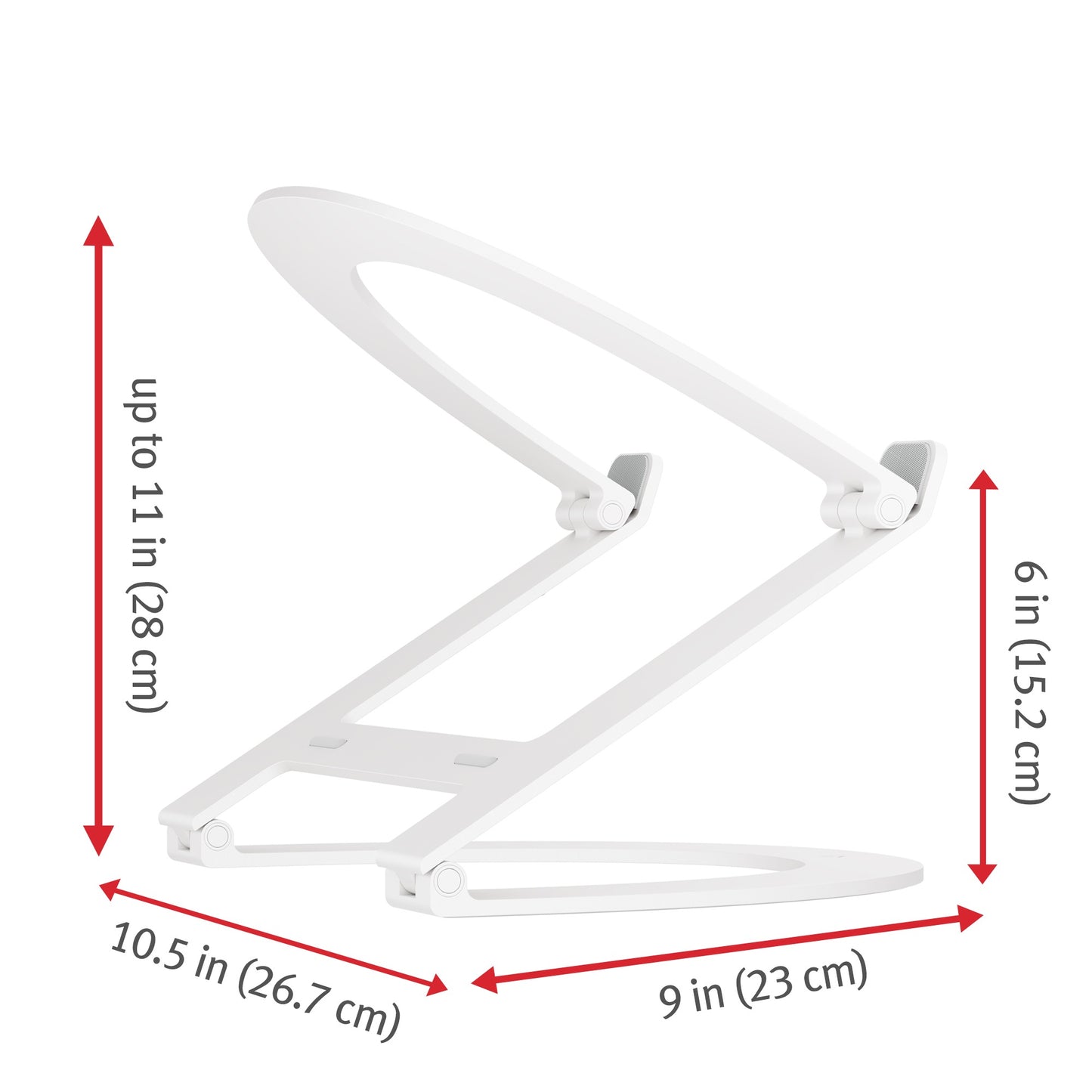 Der „Twelve South Curve Flex Aluminium Ständer für MacBook (weiß)“ von Twelve South zeichnet sich durch ein offenes, minimalistisches Design aus – ideal für ergonomisches Arbeiten. Rote Pfeile zeigen die Abmessungen an: höhenverstellbar bis zu 28 cm, Breite 15,2 cm, Tiefe 23 cm und Länge 26,7 cm. Dieser elegante Ständer eignet sich perfekt als MacBook-Halterung für deinen Arbeitsplatz.