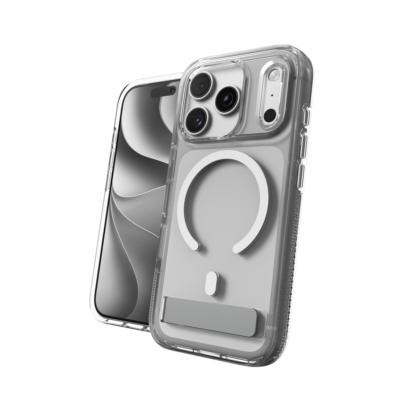 The ZAGG Crystal Palace Snap mit Standfuß und Kamerataste für iPhone 17 Pro/18 Pro ist auf dem Bild als transparente Schutzhülle zu sehen, die den MagSafe-Kompatibilitätsring und den ausklappbaren Standfuß auf der Rückseite hervorhebt. Das Display des Smartphones zeigt ein abstraktes grau-weißes Muster, während sowohl Vorder- als auch Rückseite des Geräts die cleare Optik der ZAGG-Hülle betonen.