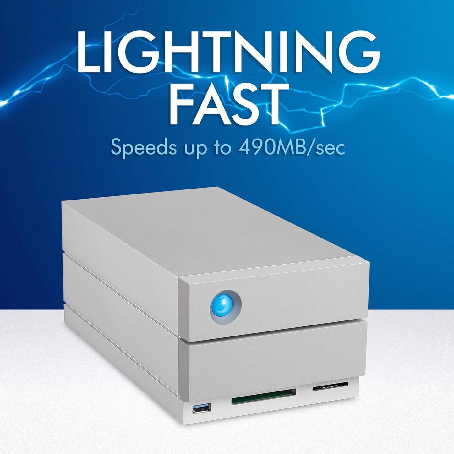 A silver LaCie 2big Dock Thunderbolt 3 Hardware RAID, 8TB external drive with a blue LED sits below “LIGHTNING FAST – Speeds up to 490MB/sec” and blue lightning graphics—ideal for iPad Speichererweiterung.