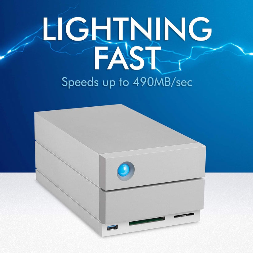 A silver LaCie 2big Dock Thunderbolt 3 Hardware RAID, 8TB external drive with a blue LED sits below “LIGHTNING FAST – Speeds up to 490MB/sec” and blue lightning graphics—ideal for iPad Speichererweiterung.
