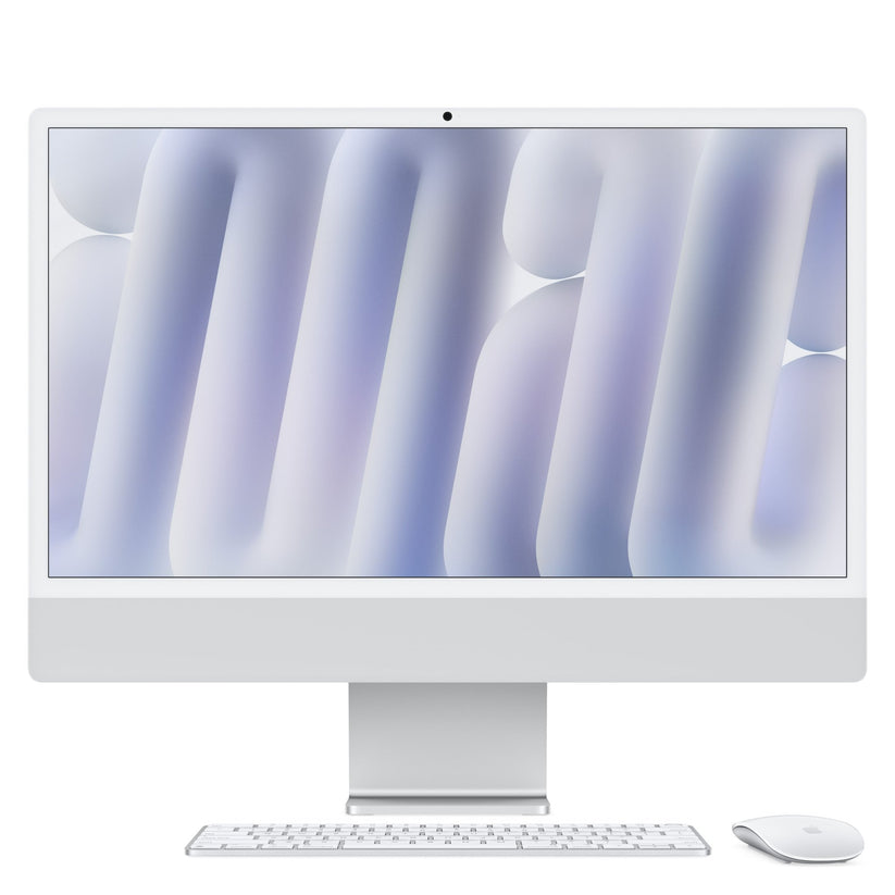 Apple iMac 24 Zoll M4, yumuşak pastel tonları gösteren geniş ekranıyla şık ve modern bir hepsi bir arada tasarıma sahiptir ve beyaz bir klavye ve fareyle birlikte gelir. Özellikler 10C CPU/GPU, 16 GB RAM, 1 TB SSD, NUMKB/GER.