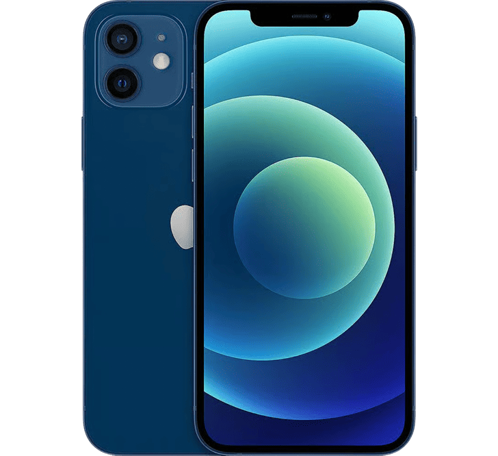 Blue Apple iPhone 12 256GB, Grade B - REFURBISHED, showing the back dual-camera system and the front with an abstract blue and green wallpaper.