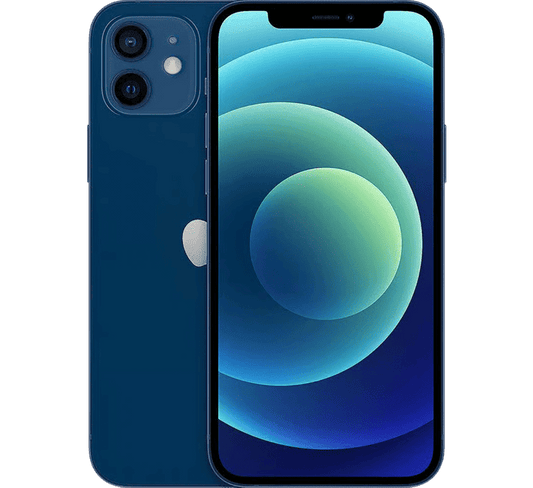 Blue Apple iPhone 12 256GB, Grade B - REFURBISHED, showing the back dual-camera system and the front with an abstract blue and green wallpaper.