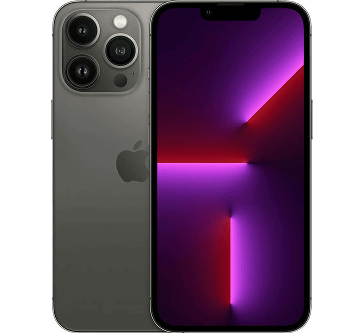 Front and back view of a dark grey Apple iPhone 13 Pro 128GB, Grade B - REFURBISHED, with a screen displaying a purple and red abstract light pattern.