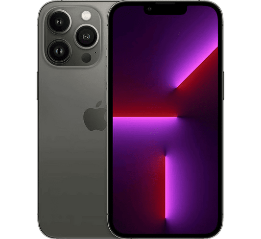 Front and back view of a dark grey Apple iPhone 13 Pro 128GB, Grade B - REFURBISHED, with a screen displaying a purple and red abstract light pattern.