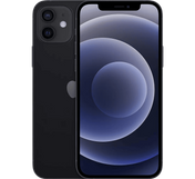 Front and back view of a black Apple iPhone 12 64GB, Grade B - REFURBISHED, featuring a dual-lens camera system and a screen displaying a dark blue abstract wallpaper.