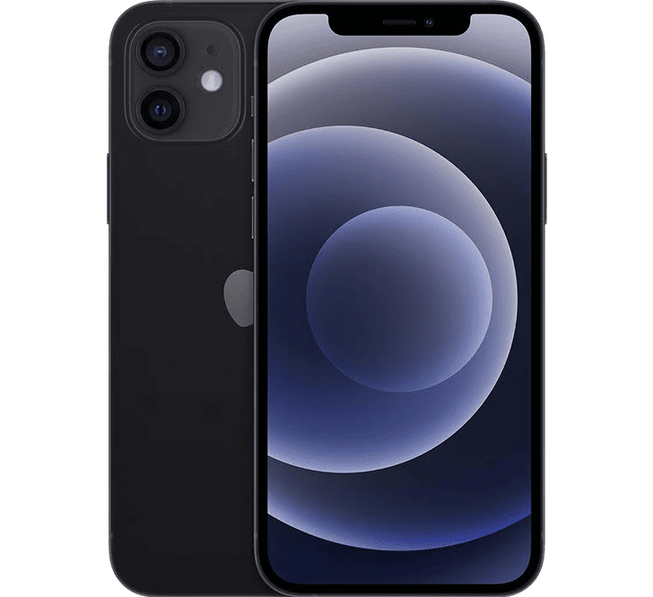 Front and back view of a black Apple iPhone 12 64GB, Grade B - REFURBISHED, featuring a dual-lens camera system and a screen displaying a dark blue abstract wallpaper.