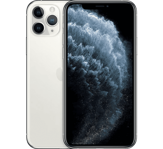 Front and back view of a refurbished Apple iPhone 11 Pro 64GB, Grade B, featuring a triple-lens rear camera system and a full-screen display with a blue nebulous cloud wallpaper.