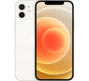Beyaz Apple iPhone 12 128 GB, B Sınıfı - YENİLENMİŞ; ekranında parlak turuncu ve sarı renkli soyut bir duvar kağıdı ve arka tarafında iki kamera bulunuyor.
