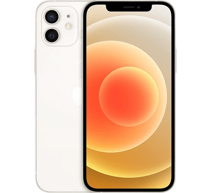 Beyaz Apple iPhone 12 128 GB, B Sınıfı - YENİLENMİŞ; ekranında parlak turuncu ve sarı renkli soyut bir duvar kağıdı ve arka tarafında iki kamera bulunuyor.