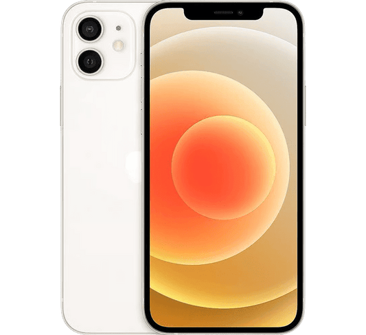 White Apple iPhone 12 128GB, Grade B - REFURBISHED showing a glowing orange and yellow abstract wallpaper on the screen and two rear-facing cameras.