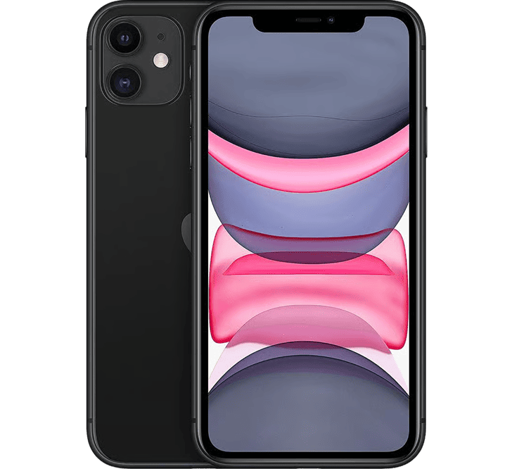 Apple iPhone 11 64GB, Grade B - REFURBISHED in black with a dual-lens rear camera and a screen displaying a colorful abstract graphic.
