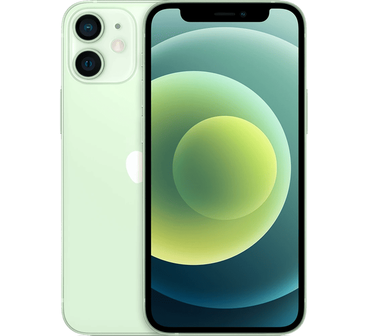 A light green Apple iPhone 12 Mini 128GB, Grade B - REFURBISHED showing the front screen and dual rear camera lenses.