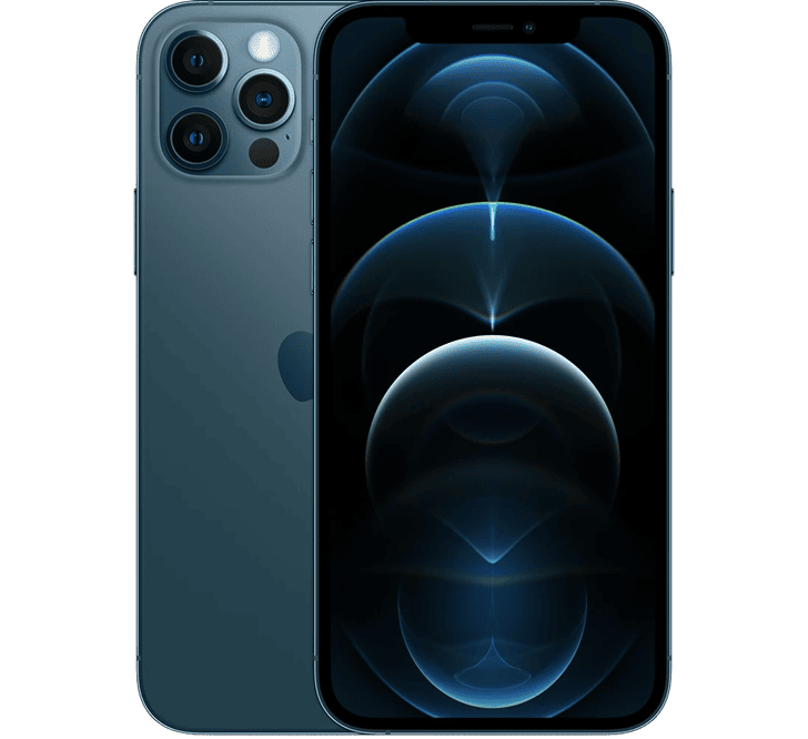 Koyu mavi Apple iPhone 12 Pro 256 GB, B Sınıfı - YENİLENMİŞ; arka yüzünde üçlü kamera dizisi ve ön yüzünde ekranda soyut mavi bir duvar kağıdı ile gösterilmiştir.