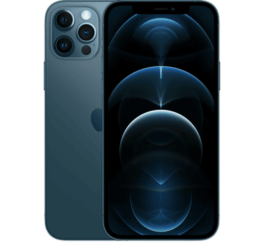 Dark blue Apple iPhone 12 Pro 256GB, Grade B - REFURBISHED shown from both the back with a triple-lens camera array and the front with an abstract blue wallpaper on the display.