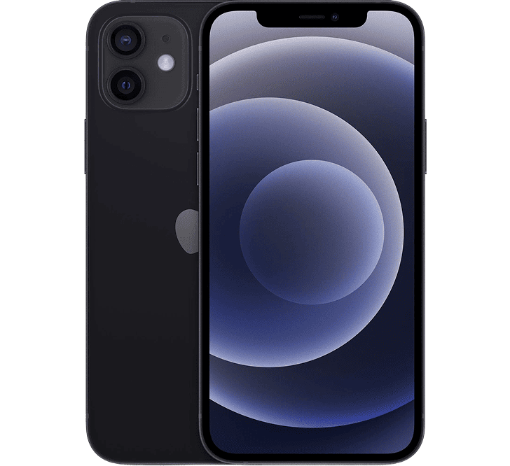 Front and back view of a black Apple iPhone 12 Mini 128GB, Grade B - REFURBISHED with a dual-lens camera system.