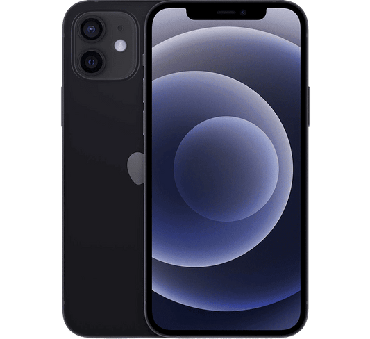 Front and back view of a black Apple iPhone 12 Mini 128GB, Grade B - REFURBISHED with a dual-lens camera system.