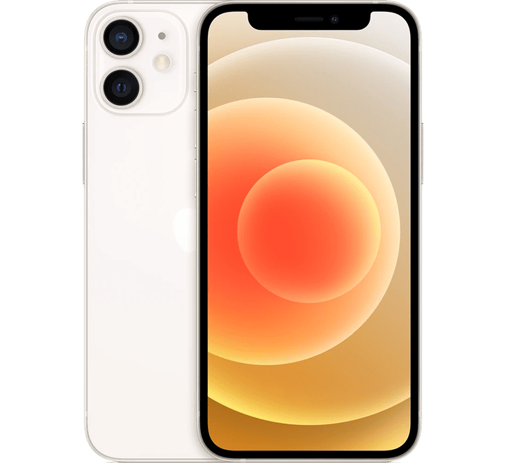 A white refurbished Apple iPhone 12 Mini 256GB, Grade B shown from both front and back, featuring a dual-lens camera system and a screen displaying an orange circular graphic.