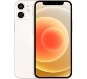 A white refurbished Apple iPhone 12 Mini 256GB, Grade B shown from both front and back, featuring a dual-lens camera system and a screen displaying an orange circular graphic.