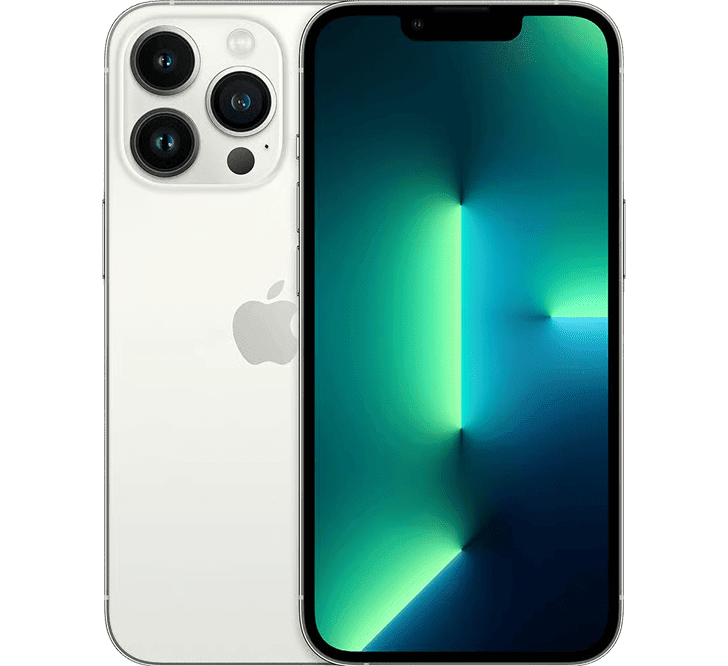 Yenilenmiş gümüş renkli Apple iPhone 13 Pro 256 GB, B sınıfı; üç arka kamera merceği ve yeşil ile mavi renkli soyut bir gradyan gösteren ekrana sahiptir.