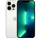 Yenilenmiş gümüş renkli Apple iPhone 13 Pro 256 GB, B sınıfı; üç arka kamera merceği ve yeşil ile mavi renkli soyut bir gradyan gösteren ekrana sahiptir.