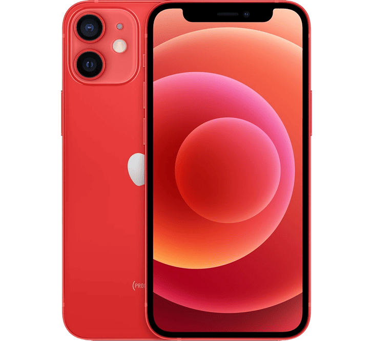 Front and back view of a red Apple iPhone 12 Mini 128GB, Grade B - REFURBISHED, featuring a dual-camera system.