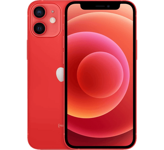Front and back view of a red Apple iPhone 12 Mini 128GB, Grade B - REFURBISHED, featuring a dual-camera system.