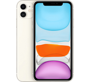 Çift lensli kamera sistemine ve renkli, soyut bir ekran tasarımına sahip, yenilenmiş bir Apple iPhone 11 64 GB (B Sınıfı) modelinin önden ve arkadan görünümleri.