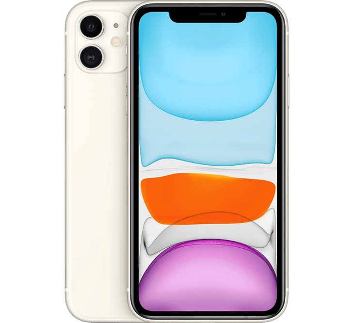 Çift lensli kamera sistemine ve renkli, soyut bir ekran tasarımına sahip, yenilenmiş bir Apple iPhone 11 64 GB (B Sınıfı) modelinin önden ve arkadan görünümleri.