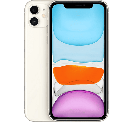 Front and back view of a refurbished Apple iPhone 11 64GB, Grade B, featuring a dual-lens camera system and a colorful abstract screen display.