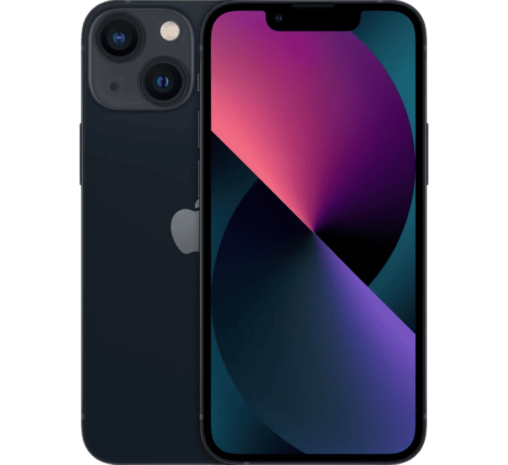 Front and back view of a dark Apple iPhone 13 Mini 256GB, Grade B - REFURBISHED with a dual-lens camera system.