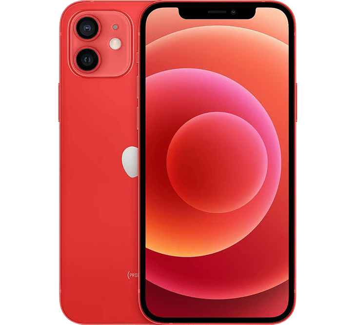 Kırmızı renkli, B Sınıfı - YENİLENMİŞ bir Apple iPhone 12 256 GB modelinin ön ve arka görünümü; çift kamera sistemine ve canlı turuncu ve kırmızı renklerdeki soyut ekran tasarımına sahiptir.