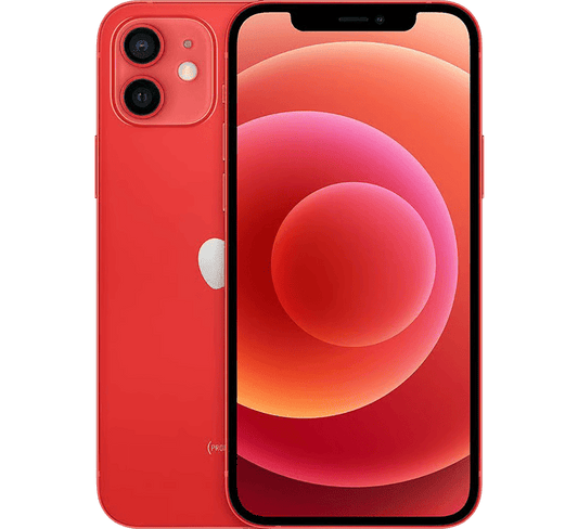 Front and back view of a red Apple iPhone 12 256GB, Grade B - REFURBISHED, featuring a dual-camera system and a vibrant orange and red abstract screen display.