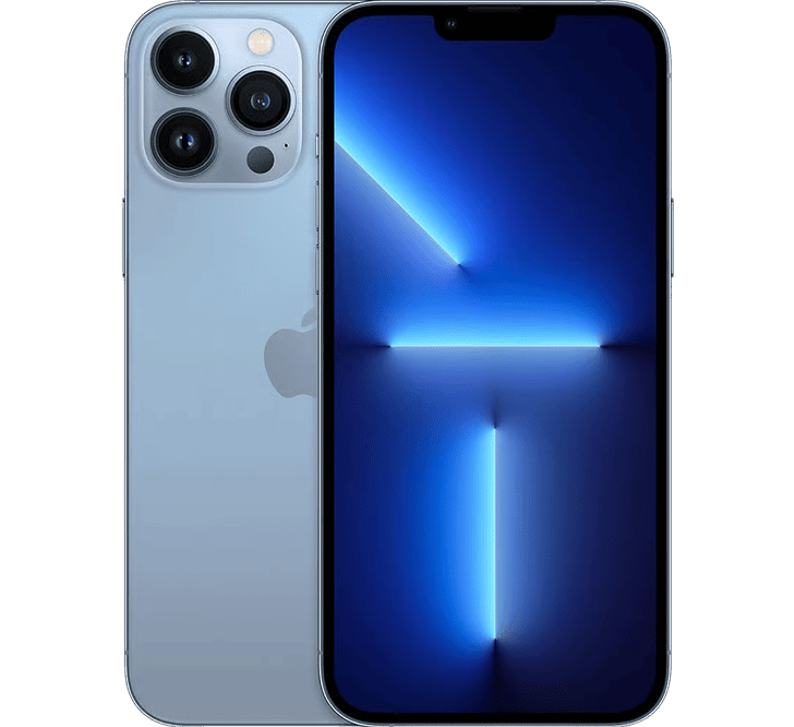 Light blue Apple iPhone 13 Pro 256GB, Grade B - REFURBISHED shown from the front and back, featuring a triple-lens camera system and a blue screen display.