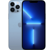 Light blue Apple iPhone 13 Pro 256GB, Grade B - REFURBISHED shown from the front and back, featuring a triple-lens camera system and a blue screen display.
