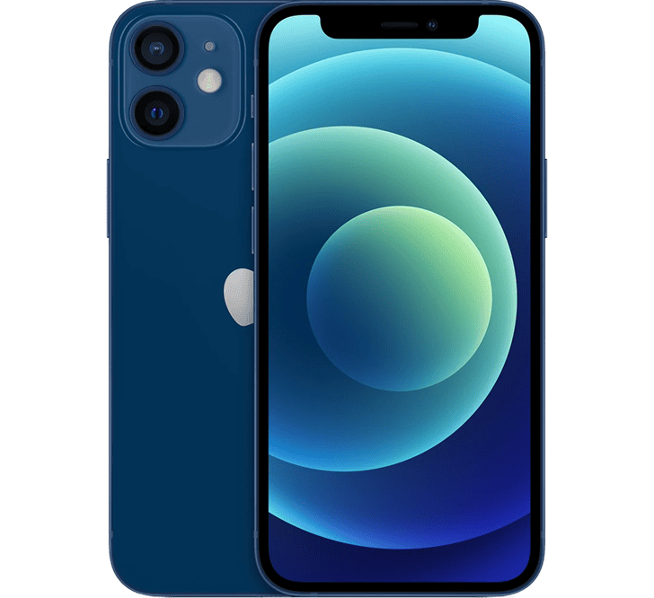 Apple iPhone 12 Mini 64GB, Grade B - REFURBISHED in blue shown from the front and back, featuring a dual-lens camera system and a screen displaying abstract blue and green circles.