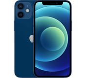Apple iPhone 12 Mini 64GB, Grade B - REFURBISHED in blue shown from the front and back, featuring a dual-lens camera system and a screen displaying abstract blue and green circles.