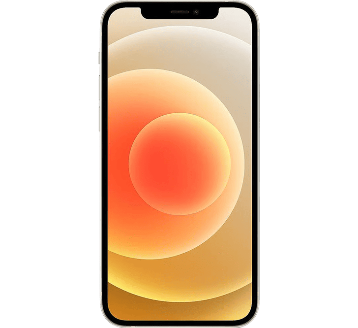Apple iPhone 12 128 GB, B Sınıfı - YENİLENMİŞ; ekranının üst kısmında bir çentik ve soyut turuncu ve sarı renkli dairesel bir duvar kağıdı bulunuyor.