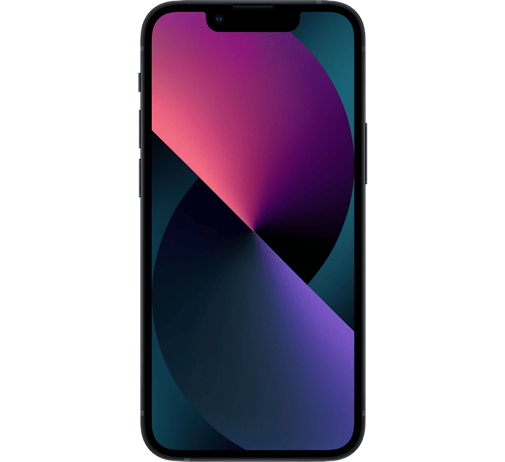 Front view of an Apple iPhone 13 Mini 256GB, Grade B - REFURBISHED with a dark screen displaying a purple and teal abstract circular pattern.