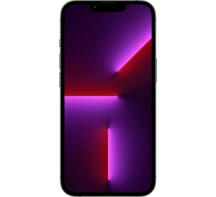 Refurbished Apple iPhone 13 Pro 128GB, Grade B with a black frame and a screen displaying a dark background with red and purple glowing light lines.