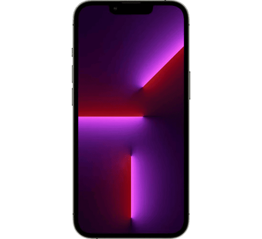 Refurbished Apple iPhone 13 Pro 128GB, Grade B with a black frame and a screen displaying a dark background with red and purple glowing light lines.