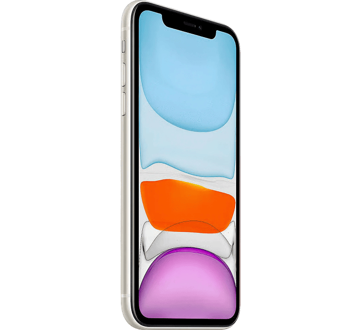 Yenilenmiş, B sınıfı bir Apple iPhone 11 64 GB modelinin yandan çekilmiş fotoğrafı; ekranda siyah arka plan üzerinde renkli soyut şekiller görülüyor.