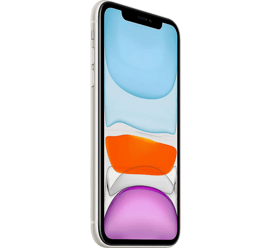 Side angle of a refurbished Apple iPhone 11 64GB, Grade B displaying a black screen with colorful abstract shapes.