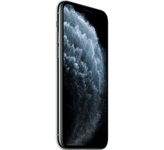 Apple iPhone 11 Pro 64GB, Grade B - REFURBISHED angled to show the edge and a screen displaying an abstract dark blue graphic.