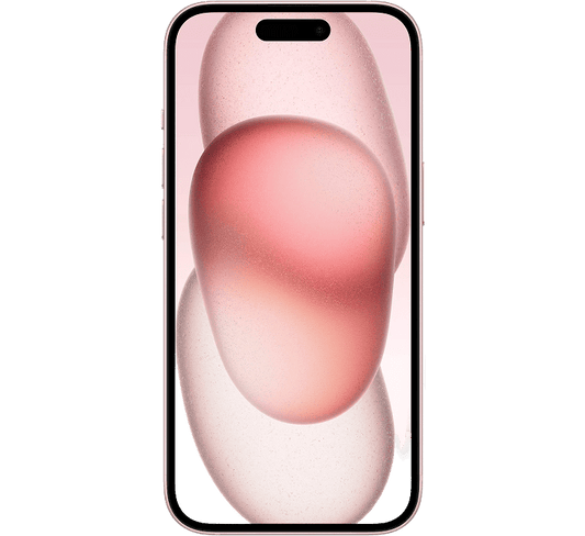 A pink Apple iPhone 15 128GB, Grade B - REFURBISHED with an abstract pink wallpaper on the display.