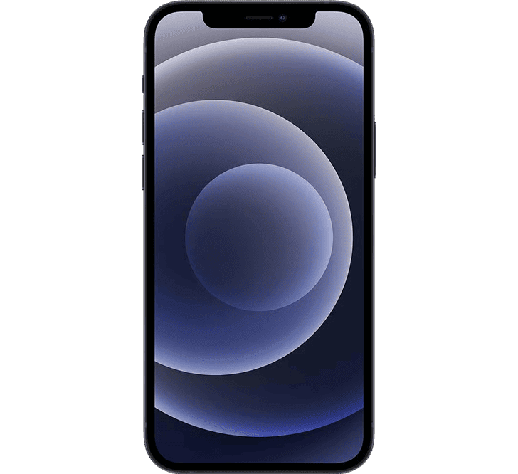 Front view of a refurbished Apple iPhone 12 128GB, Grade B with an edge-to-edge screen showing a blue circular abstract wallpaper.