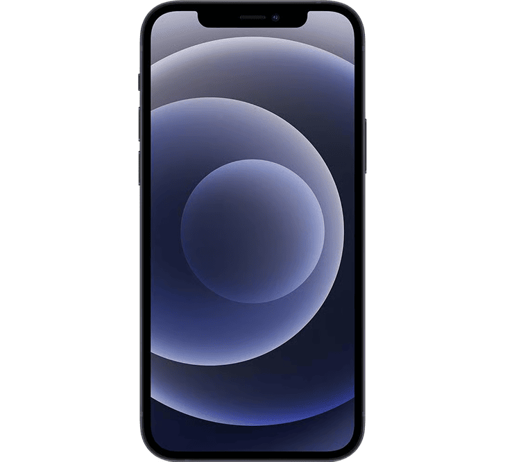 Front view of a refurbished Apple iPhone 12 64GB, Grade B with a dark frame and a blue abstract wallpaper displayed on the screen.